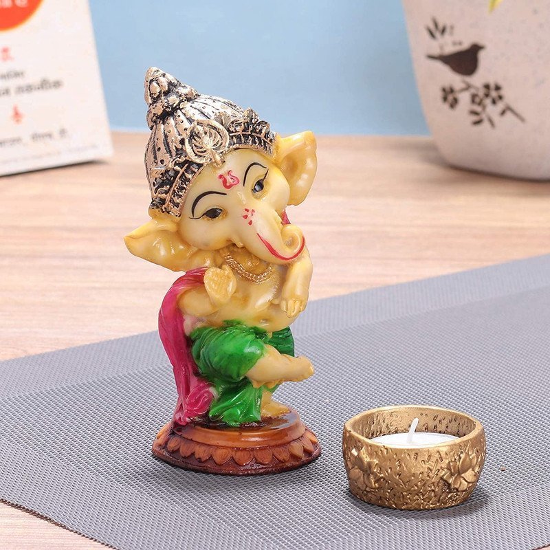 Handcrafted Lord Ganesha Tea Light Candle Holder Metal Resin Puja & Diwali Home Decor, Religious Statue Showpiece, Good Luck Gift for Temple, Office & Living Room
