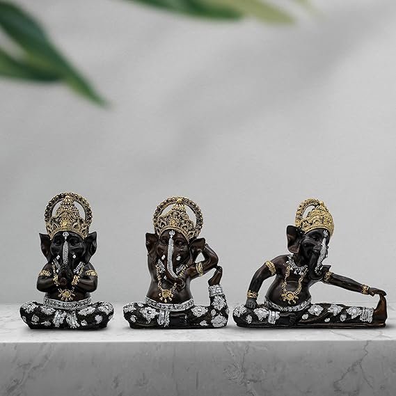 Set of 3 Lord Ganesha Idols for Home Decor | Black Polyresin Ganpati Statue with Gold & Silver Detailing | Decorative Murti for Pooja Room, Office, Gift & Festive Decor