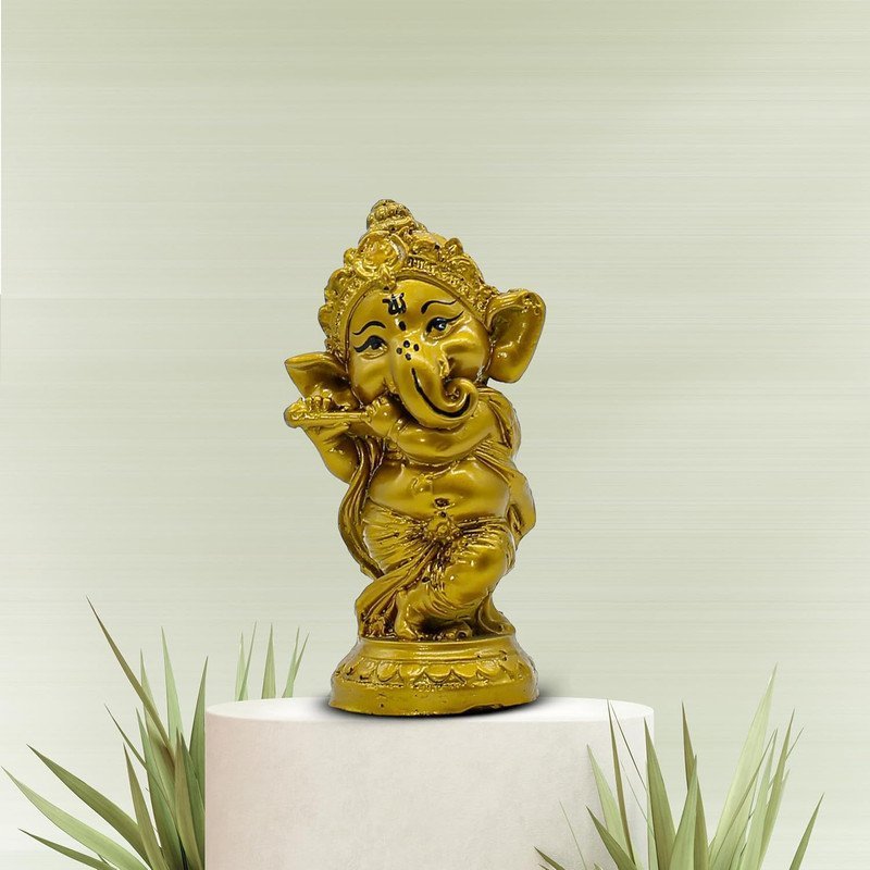 Handcrafted Resin Lord Ganesha Flute Playing Statue Gold Baby Ganesh Idol for Puja Room, Home & Temple Decor, Spiritual Gift for Diwali & Ganesh Chaturthi