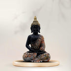 Meditating Sitting Buddha Statue Showpiece Idol Home Decor Items with Gold Crown and Carved Robe, Black and Orange, 28 cm x 15 cm