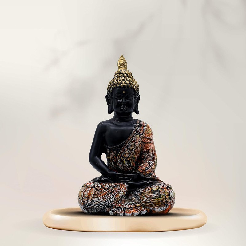 Meditating Sitting Buddha Statue Showpiece Idol Home Decor Items with Gold Crown and Carved Robe, Black and Orange, 28 cm x 15 cm