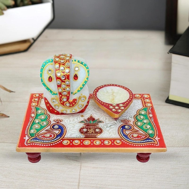 Handcrafted Marble Ganesha Chowki with Diya Decorative PUJA Thali Set for Roli, Chawal, Temple & Home decor Festive Diwali & Ganesh Chaturthi Gift