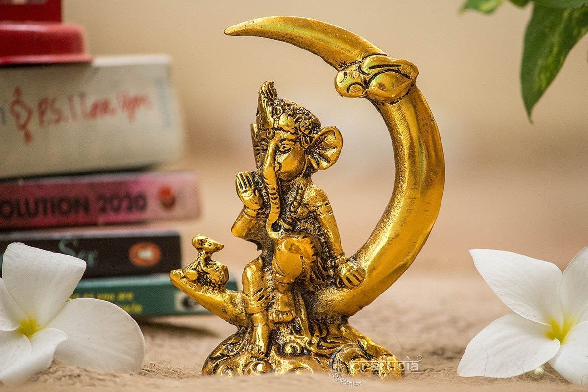 Golden Ganesha Statue on Crescent Moon - Hindu Deity Figurine for Spiritual Peace Golden Ganesha Statue on Crescent Moon - Hindu Deity Figurine for Spiritual Peace