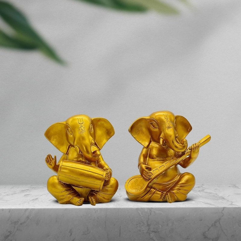Set of 2 Musical Lord Ganesha Idols | Golden Ganpati Playing Tabla & Sitar | Polyresin Ganesh Statue for Home Decor, Pooja Room, Office & Festive Gift
