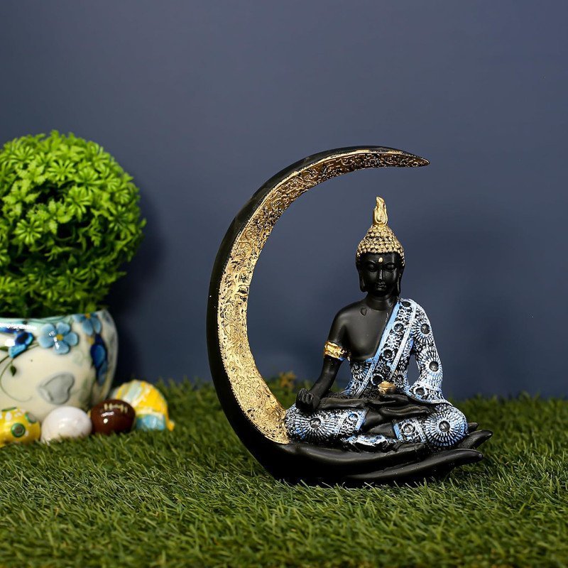 Antique Meditating Moon Buddha Statue Showpiece for Home Decor - Office Decor - Gifting - Lord Buddha Idol Polyresin Decorative Figurine