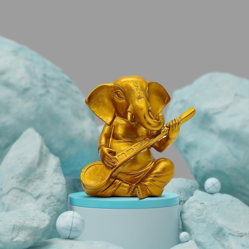 Golden Lord Ganesha Idol Playing Sitar | Musical Ganpati Statue in Polyresin for Home Decor, Pooja Room, Car Dashboard & Festive Gift | Decorative Ganesh Murti 5 Inch