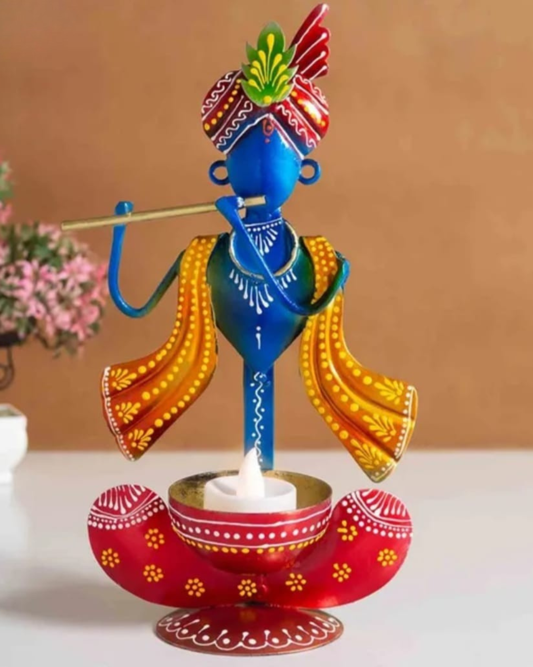 Handcrafted Metal Krishna Showpiece Tea Light Holder – Decorative Candle/Diya Stand