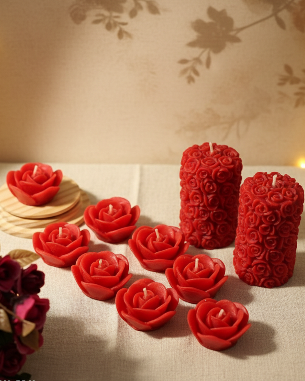 Set of 10 Red Rose Scented Candles | Pure Soy Wax Pillar & Floating Rose Candles
