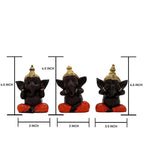Set of 3 Polyresin Wise Ganesha Figurines with Gold Crown