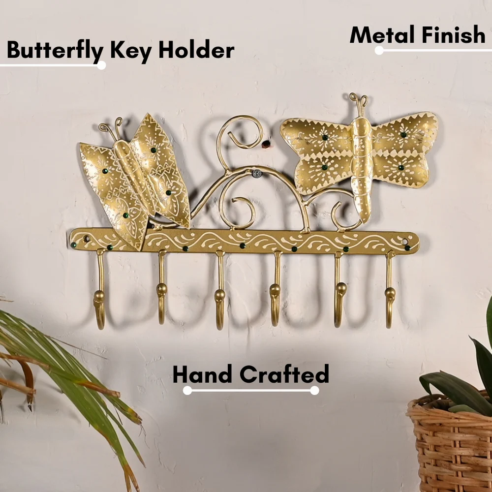 Metal Butterfly Key Holder Wall Hanging | Handcrafted Decorative Key Hanger | Artistic Metal Wall Décor for Home & Entryway