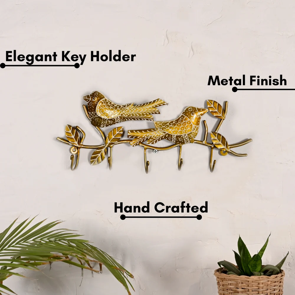 Metal 2 Bird Key Holder | Handcrafted Decorative Wall Key Hanger | Artistic Home & Entryway Wall Decor Organizer
