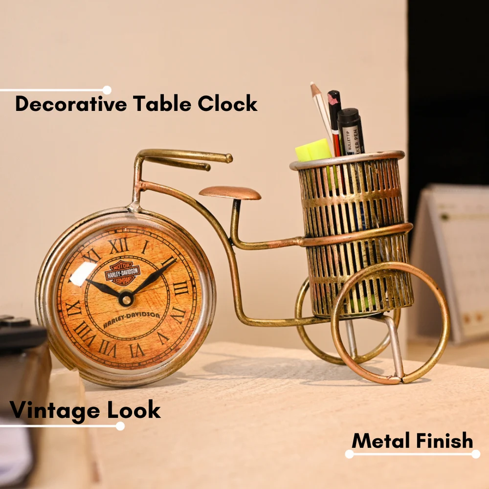 Golden Decorative Cycle Pen Stand with Clock | Elegant Metal Desk Organizer for Office & Corporate Gifting