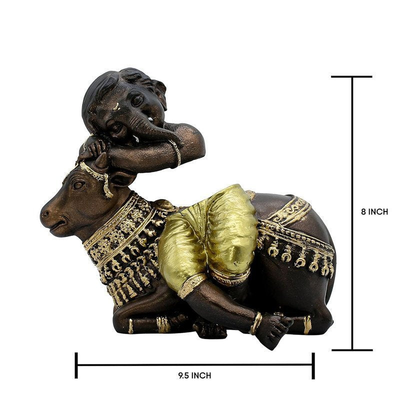 Baby Ganesha Idol Resting on Cow Antique with Golden Dhoti