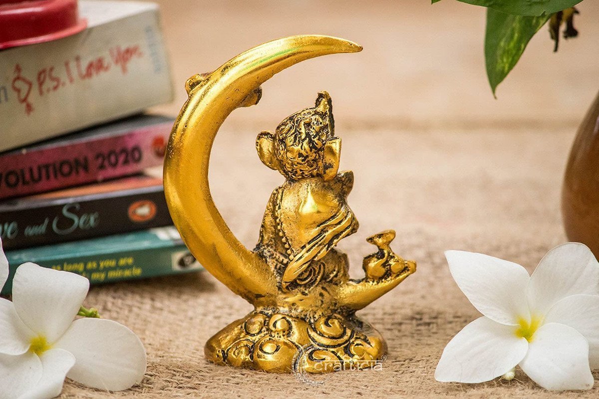 Golden Ganesha on Crescent Moon Statue