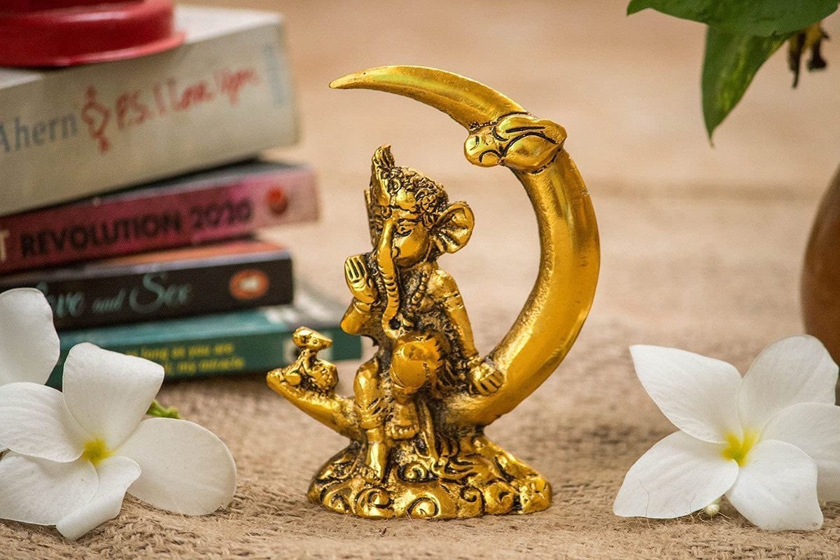 Golden Ganesha on Crescent Moon Statue