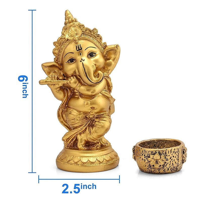 Lord Ganesha Flute Idol with Tealight Diya with Gold Finish