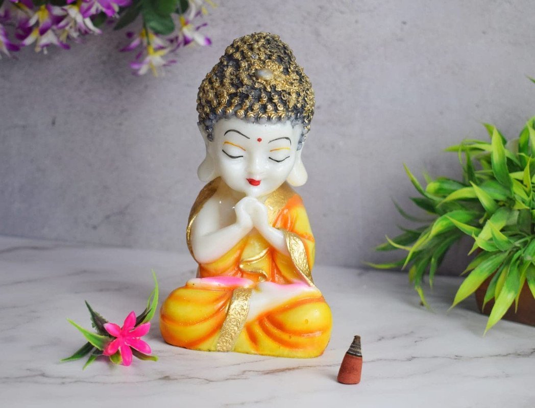 Handicrafts Baby Buddha Showpiece Resin & Sandalwood Monk Figurine (12X10X18cm)