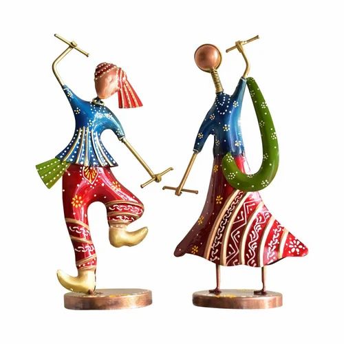Rajasthani Folk Dandiya Couple in Blue – Handcrafted Metal Figurines for Home & Office Decor