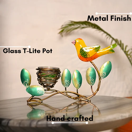 Metal Bird Leaf T Lite Holder | Decorative Tealight Candle Stand for Home & Table Decor