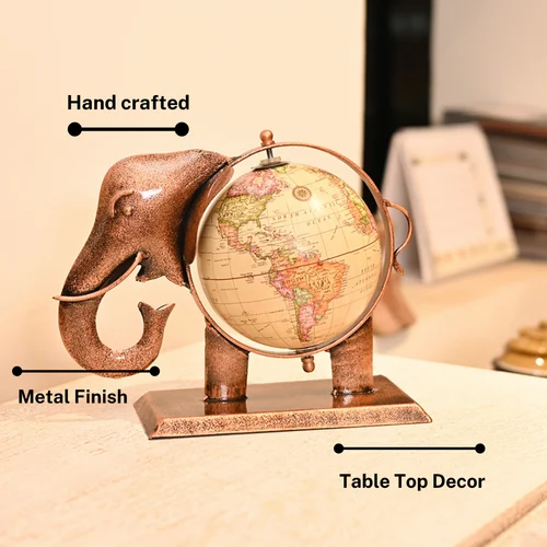 Antique Metal Elephant Figurine with Globe – Artistic Handcrafted Decor for Home & Office
