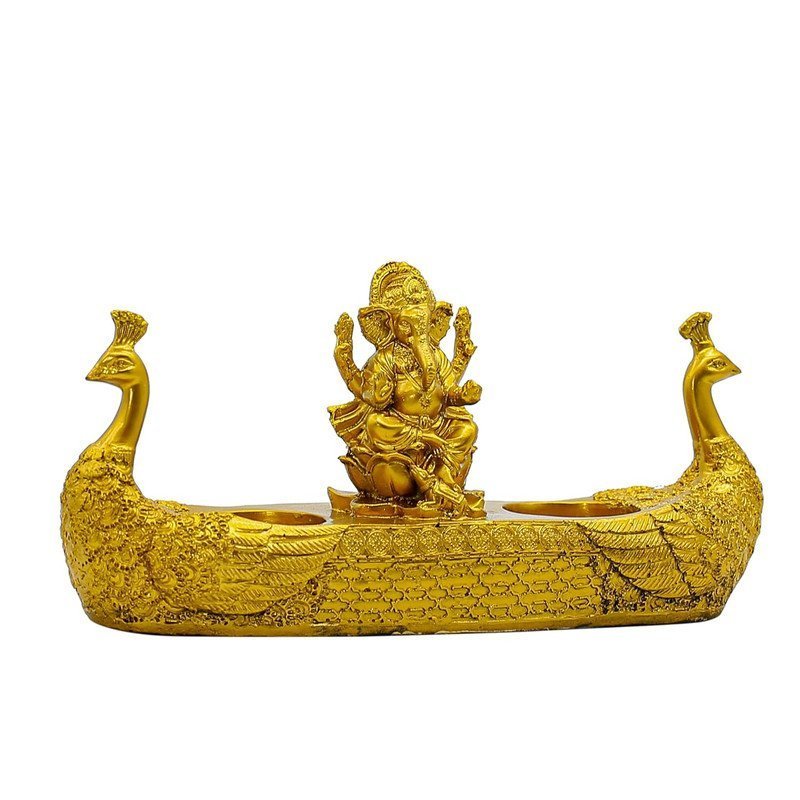 Golden Ganesha Idol with Peacock Diya