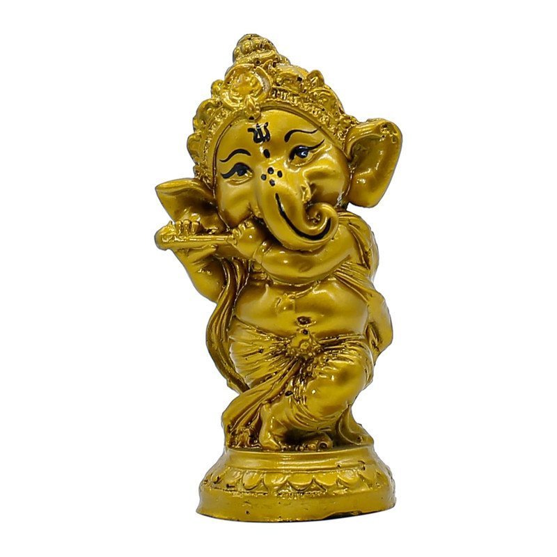 Golden Baby Ganesha Playing Flute Statue