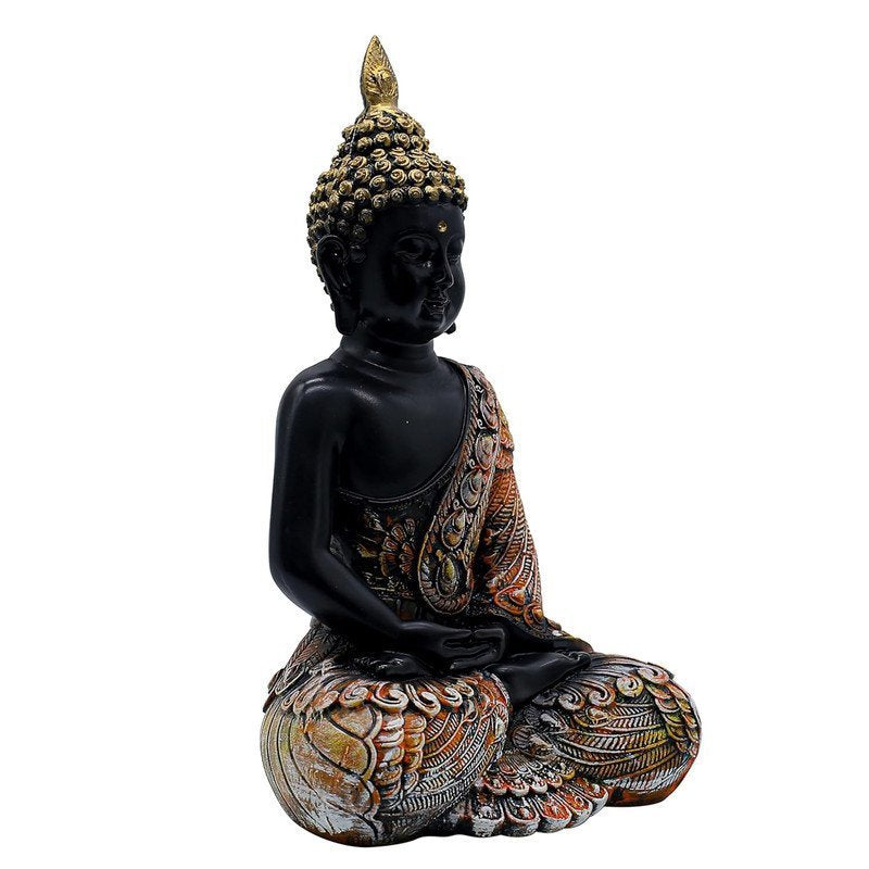 Meditating Sitting Buddha Statue Idol with Gold Crown and Carved Robe, 28 cm x 15 cm