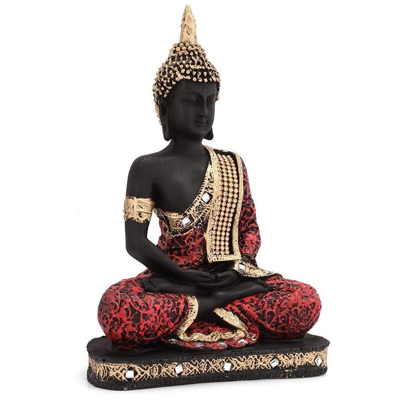 Elegant Resin Seated Buddha Statue, Black & Red with Gold Accents