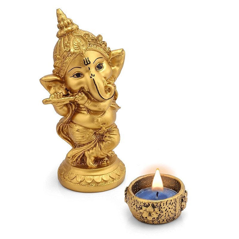 Lord Ganesha Flute Idol with Tealight Diya with Gold Finish