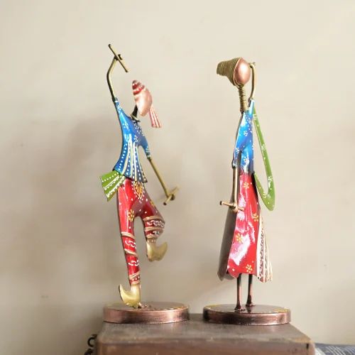 Rajasthani Folk Dandiya Couple in Blue – Handcrafted Metal Figurines for Home & Office Decor