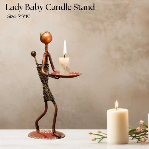 Metal Lady Baby Candle Holder – Unique Artistic Showpiece for Living Room Decor