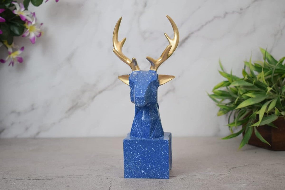 Blue Deer Head Sculpture with Gold Antlers - Modern Home Decor - Unique Gift Idea