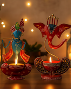 Decorative Ganesh & Krishna Diya Stand Set – Handcrafted Iron Tea Light Holders  (Set of 2)