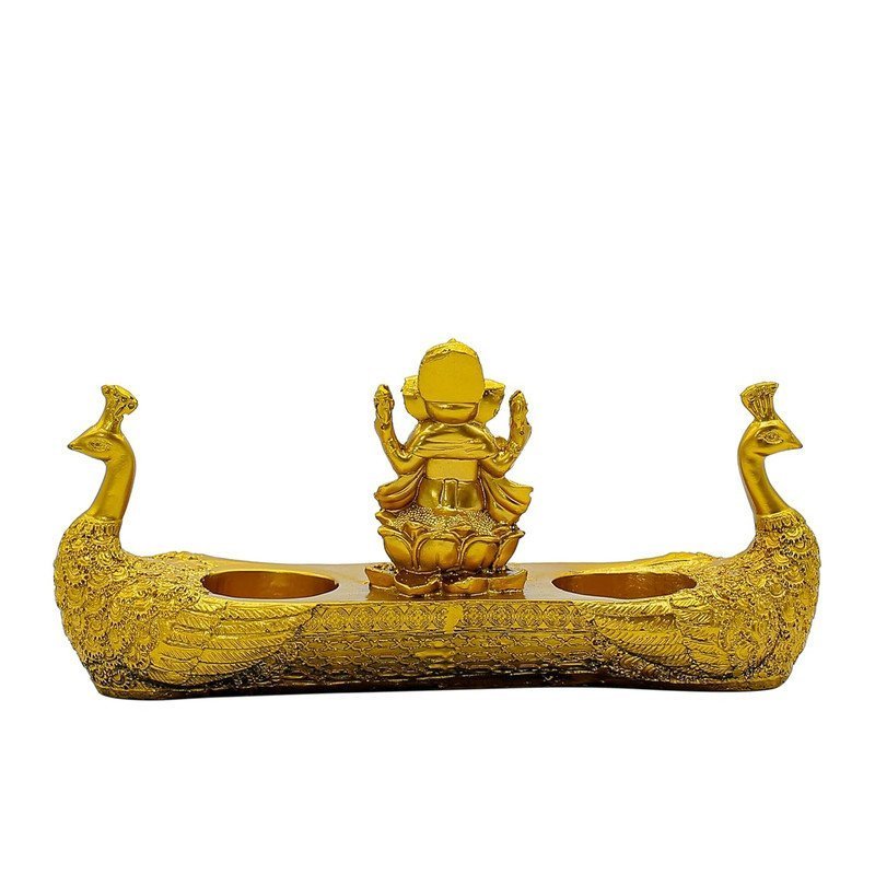 Golden Ganesha Idol with Peacock Diya