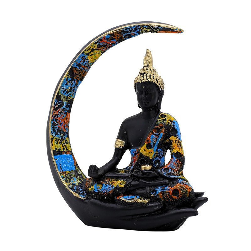 Buddha Statue on Crescent Moon, Black with Colourful Mosaic Pattern, 20 x 15 cm