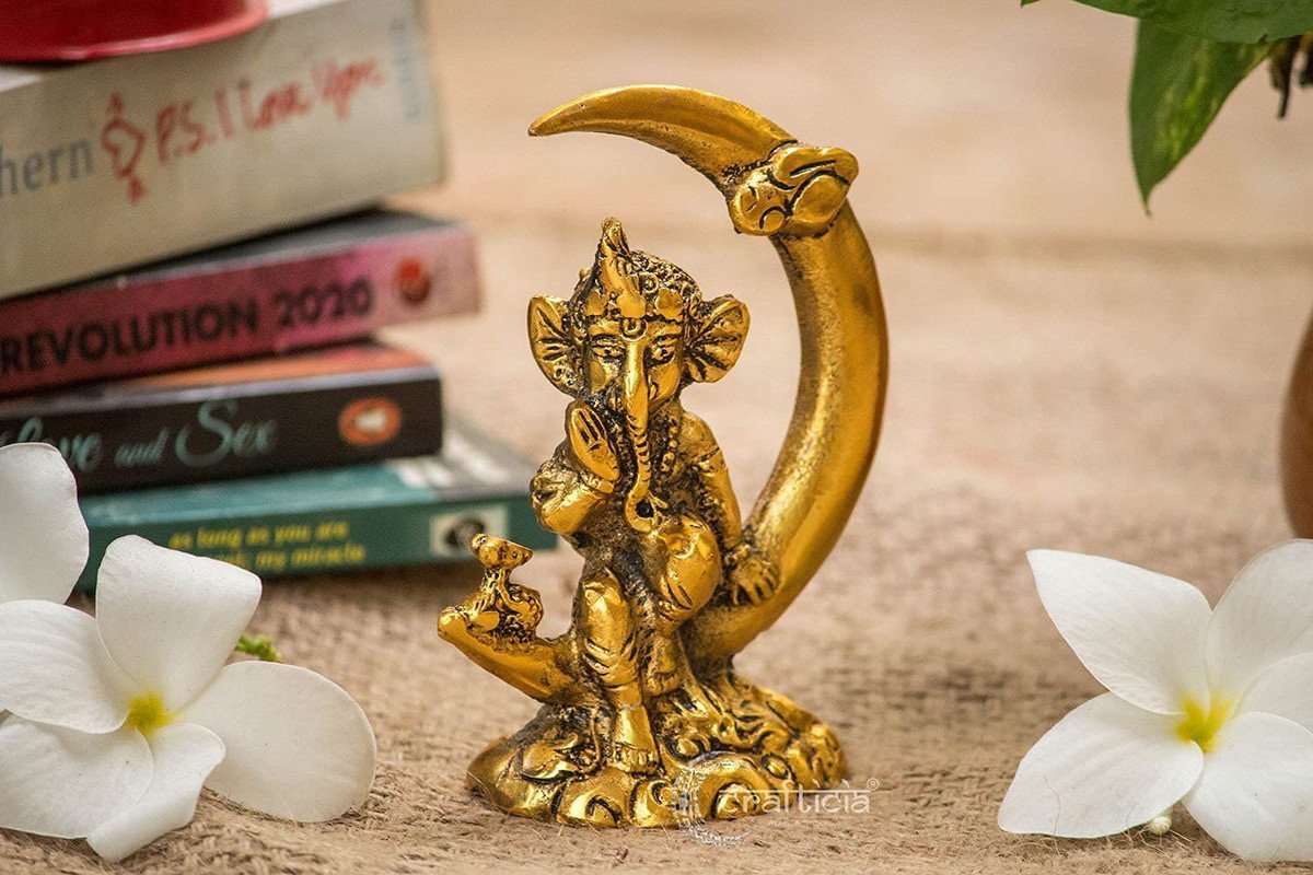 Golden Ganesha on Crescent Moon Statue