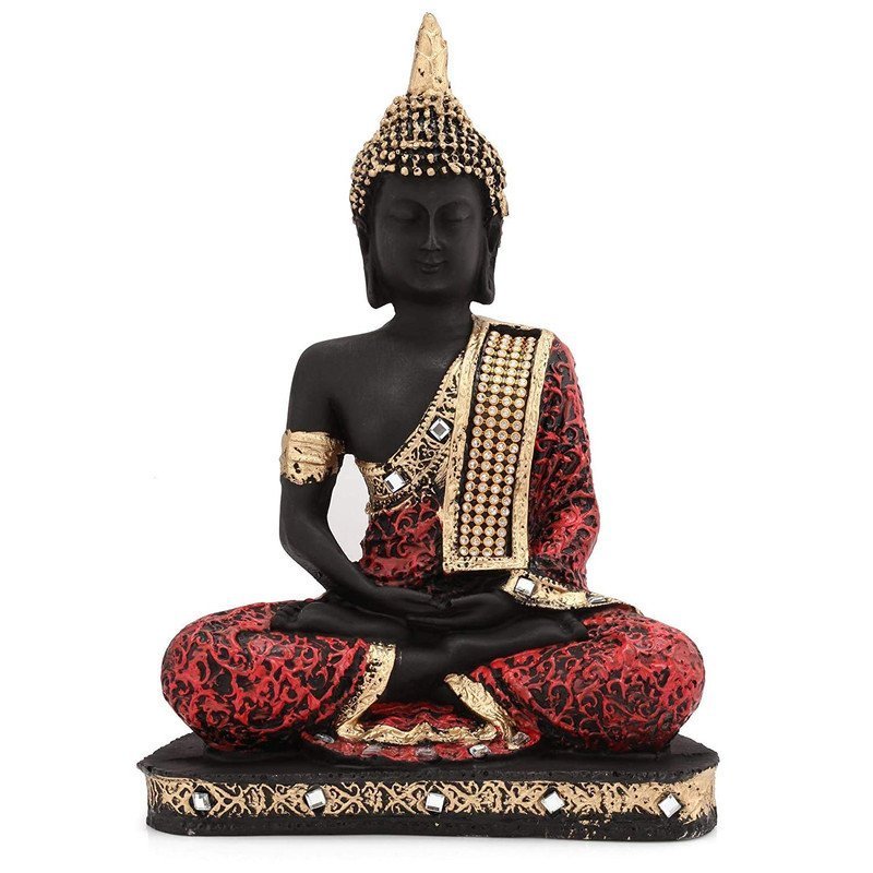 Elegant Resin Seated Buddha Statue, Black & Red with Gold Accents