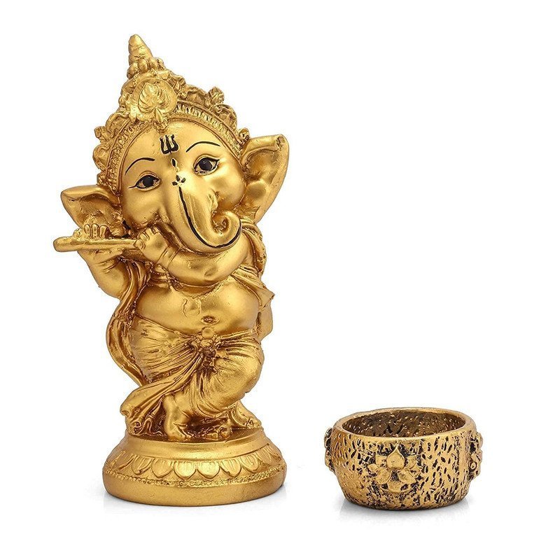 Lord Ganesha Flute Idol with Tealight Diya with Gold Finish