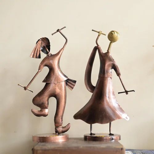 Rajasthani Folk Dandiya Couple in Blue – Handcrafted Metal Figurines for Home & Office Decor