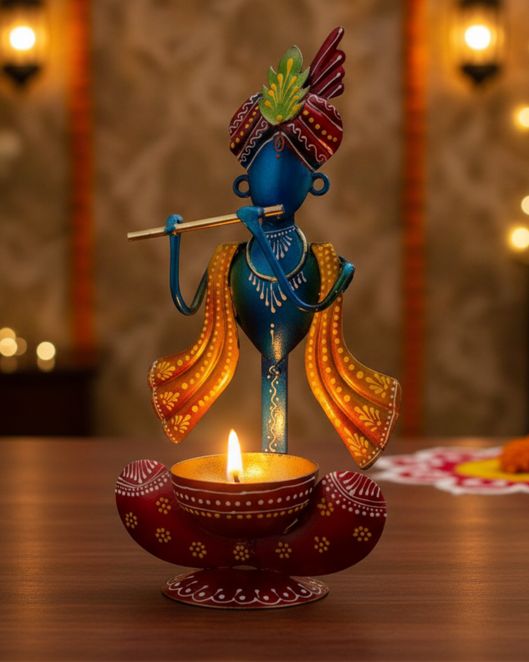 Handcrafted Metal Krishna Showpiece Tea Light Holder – Decorative Candle/Diya Stand