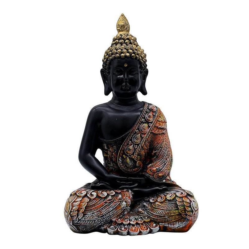 Meditating Sitting Buddha Statue Idol with Gold Crown and Carved Robe, 28 cm x 15 cm