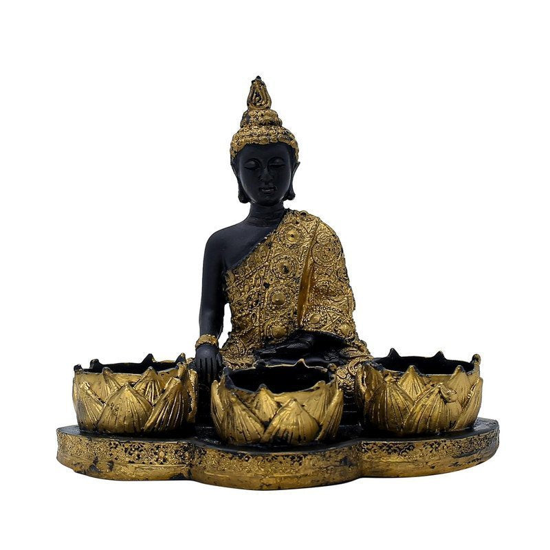 Resin Buddha Head Candle Holder with 3 Lotus Tealight Stands