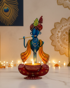 Handcrafted Metal Krishna Showpiece Tea Light Holder – Decorative Candle/Diya Stand