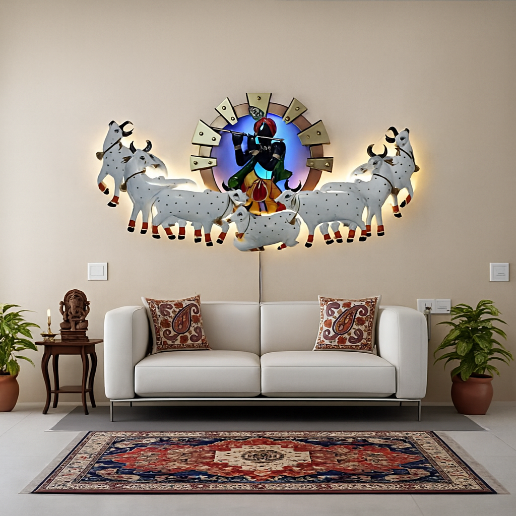 Handmade Metal Krishna and Cow Wall Decor | Elegant Religious Showpiece for Living Room