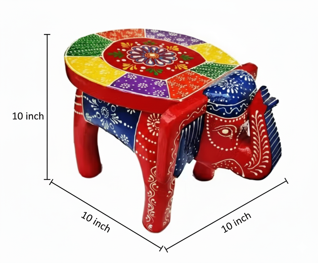 Handcrafted Wooden Elephant Stool – Decorative Painted Showpiece