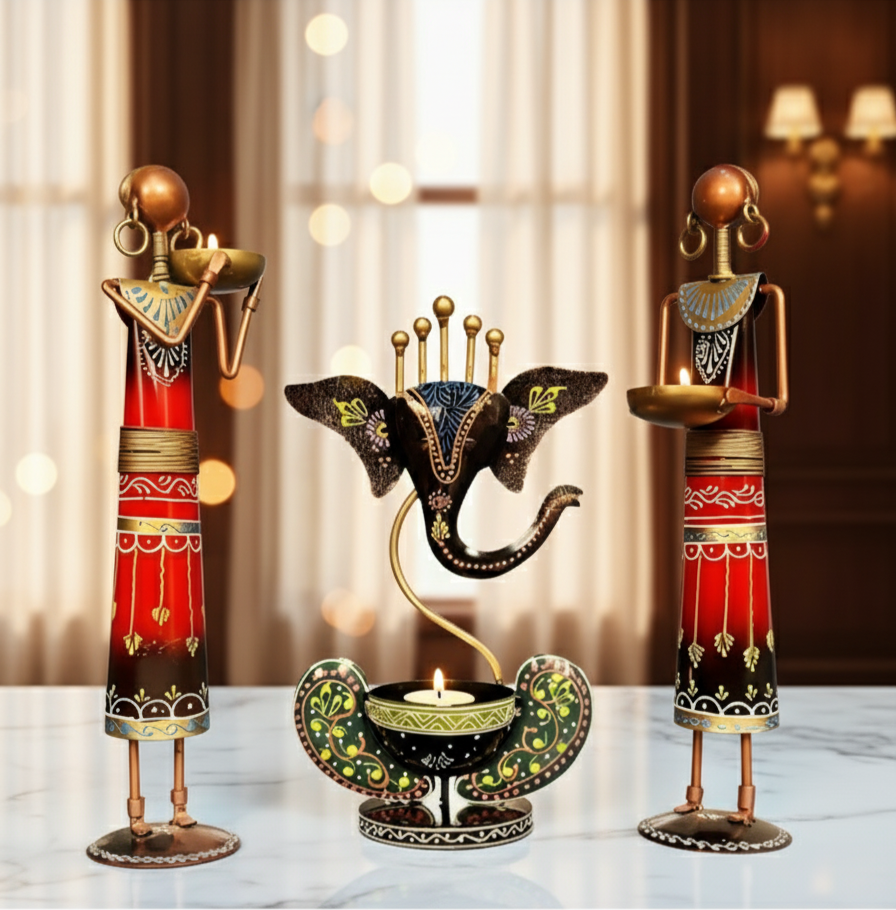 Handcrafted Ganesha T-Light Combo with Tribal Lady Figurines | Set of 3