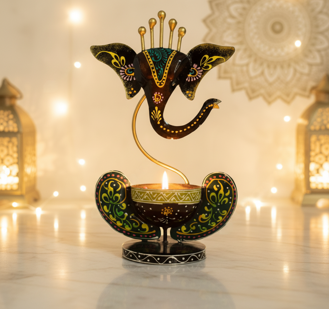 Handcrafted Ganesha T-Light Combo with Tribal Lady Figurines | Set of 3