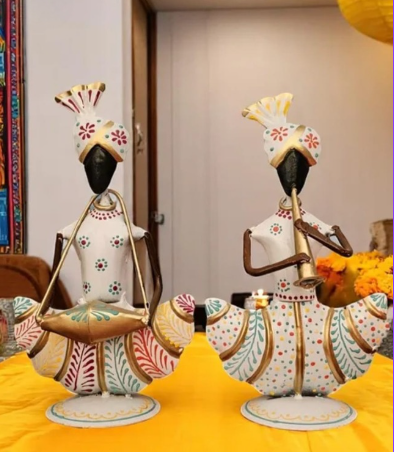 Handcrafted Rajasthani Musician Figurines – Set of 2 Metal Decorative Showpieces