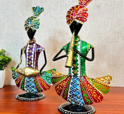Iron Handpainted Rajasthani Musician Figurines – Set of 2 Metal Showpieces