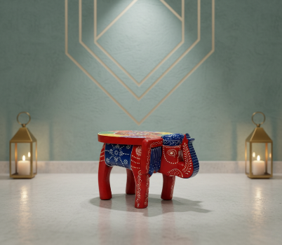 Handcrafted Wooden Elephant Stool – Decorative Painted Showpiece